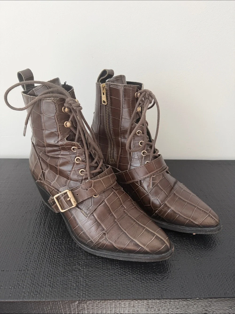 All Saints Brown Croc-Embossed Lace-Up Ankle Booties